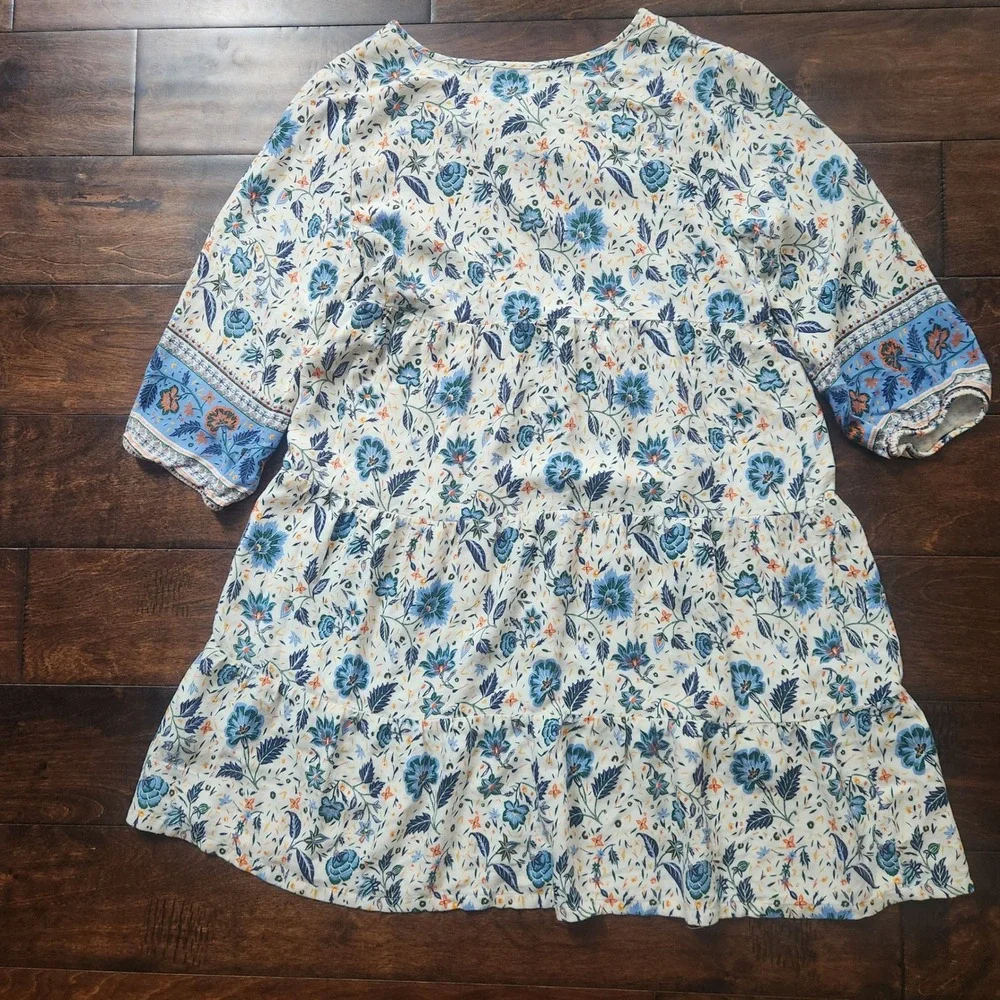 Old Navy Floral Tiered Dress Kids‎ XL 14 Cream Blue Excellent Boho 3/4 Sleeve